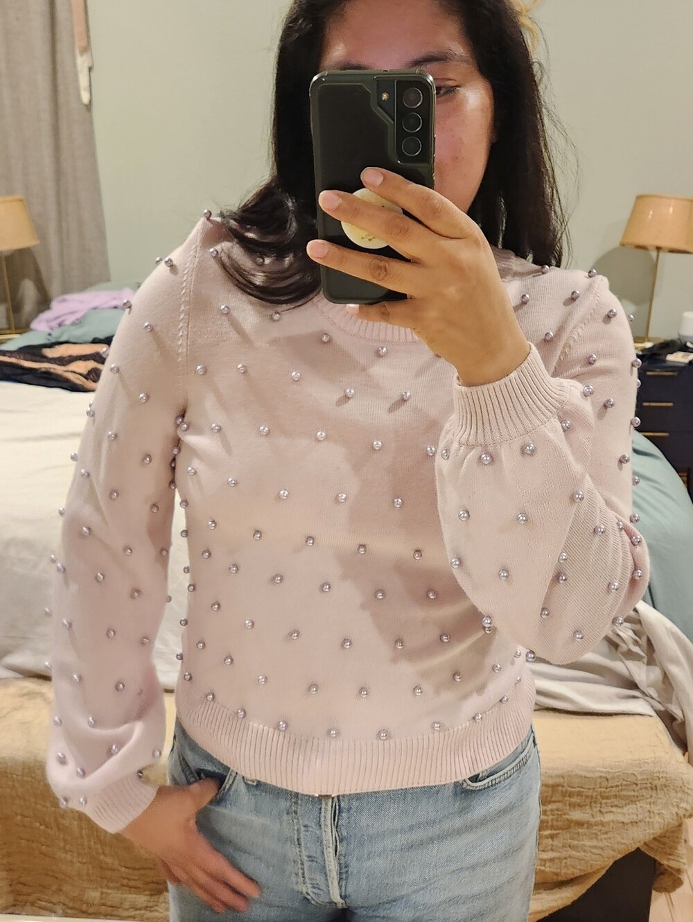 Milly Pink Pearl Embellished Crewneck Sweater